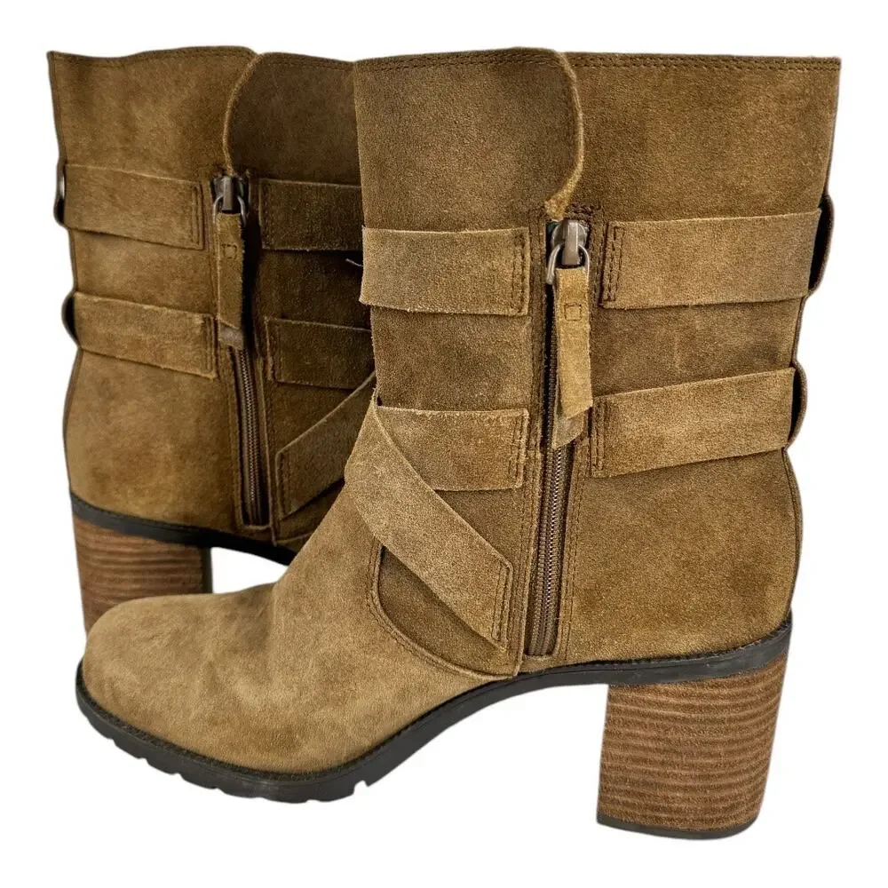 Clarks Malvet Doris Brown Suede Boots 8.5 Moto Buckle Stacked Heel Ankle Fall - Picture 5 of 7